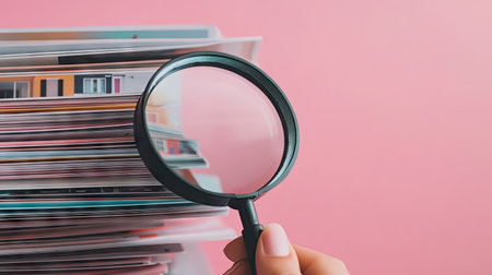 A person holding a magnifying glass and searching for the perfect house in a stack of real estate brochuresの素材