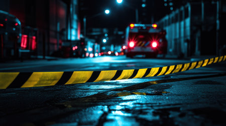 A nighttime scene with yellow and black barricade tape lit by flashing emergency vehicle lightsの素材