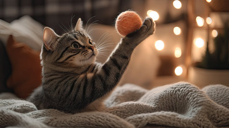 A playful cat batting at a toy ball with its paws, surrounded by soft blankets and playful lighting in a cozy home.の素材