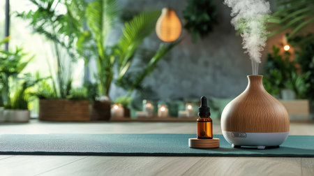 A relaxing scene of a yoga mat with essential oils and a diffuser set on the sideの素材