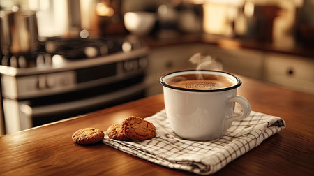 A perfectly brewed cup of coffee with a few cookies placed on a napkin, surrounded by a cozy kitchen settingの素材