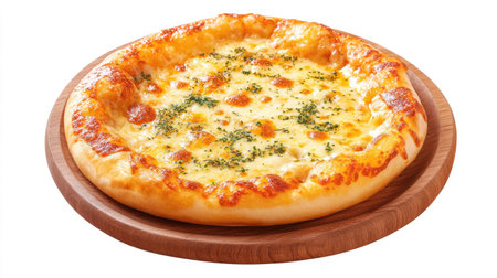 A perfectly round cheese pizza with a crispy crust on a plain white backgroundの素材