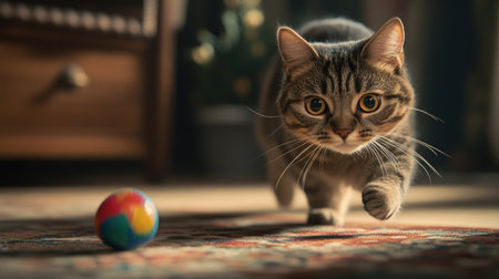 A playful cat chasing a colorful toy on the floor, with a look of excitement in its eyes, showcasing its agility and curiosity.の素材