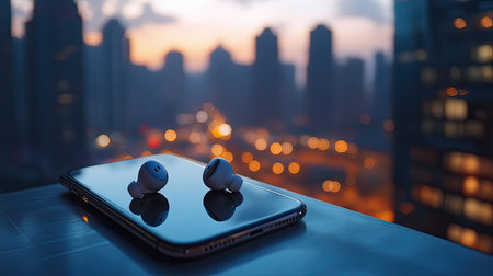 A pair of wireless earphones on a smartphone, with a cityscape in the backgroundの素材