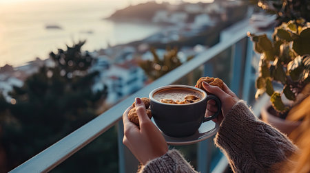A person enjoying coffee and cookies on a balcony with a view, creating a peaceful moment in the morningの素材