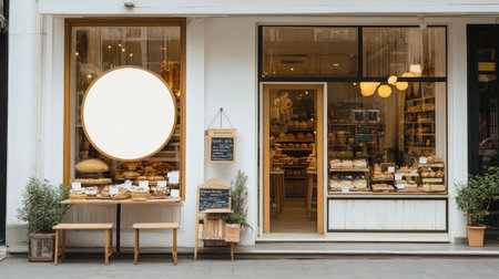 A round signboard with a white background hanging outside a vintage bakery storefrontの素材