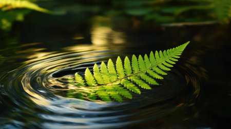 A green fern leaf floating gently in a pond, surrounded by peaceful reflections and ripplesの素材