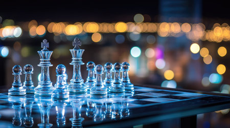 A glass chessboard set on a modern table, with blurred city lights in the background creating a sophisticated atmosphereの素材