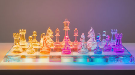 A glass chessboard with intricately detailed glass pieces, illuminated by colorful LED lights underneathの素材
