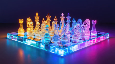 A glass chessboard with intricately detailed glass pieces, illuminated by colorful LED lights underneathの素材