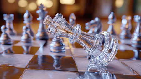 A glass chess piece toppling over mid-game, caught in motion with other pieces sharply in focus on the boardの素材