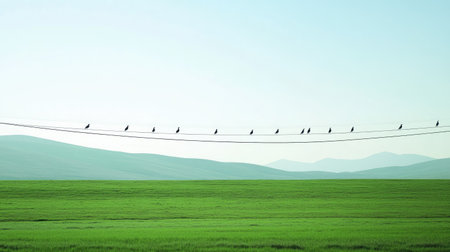 A group of birds chirping on electric wires stretched across an open green fieldの素材