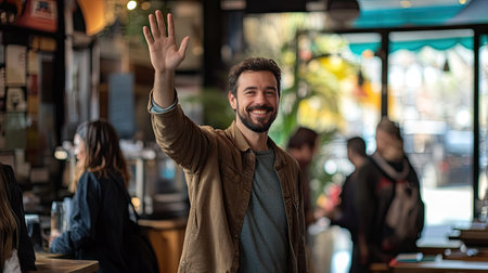 A man waving goodbye to a group of friends as he leaves a coffee shop, with a happy expression and a relaxed postureの素材