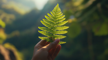 A hand holding a vibrant green fern leaf, with a blurred outdoor background showcasing nature's beautyの素材