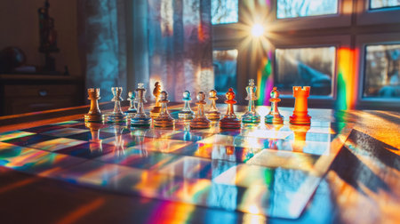 A glass chessboard on a wooden table, with light streaming through a window and creating rainbow reflectionsの素材