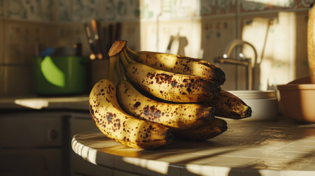 A group of overripe bananas with dark spots stacked together, casting soft shadows on a kitchen counterの素材