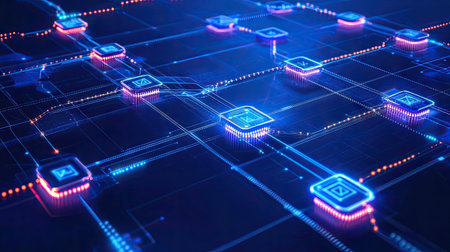 A futuristic blockchain concept showing smart contracts, data blocks, and nodes interconnected by neon lightの素材