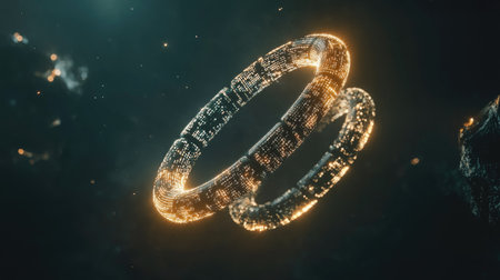 A glowing chain-link symbol made of binary code, floating in a dark space with light particle effectsの素材