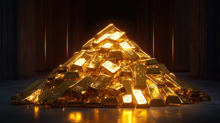 A mountain of gold bars glowing brightly in a dark room, evoking a sense of wealth and luxuryの素材