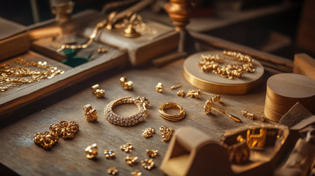 A jeweler's workspace with gold necklaces, earrings, and rings in various stages of creationの素材