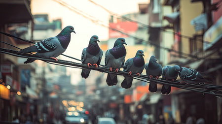 A group of pigeons resting on electric wires stretched across a busy urban streetの素材