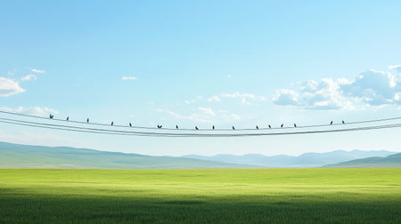 A group of birds chirping on electric wires stretched across an open green fieldの素材