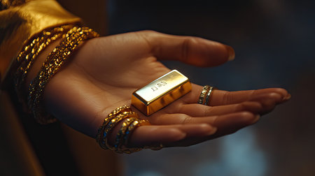 A hand adorned with multiple gold rings holding a small, shining gold bar in an elegant settingの素材