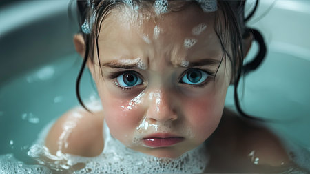 A little girl crying while sitting in a bathtub, her face showing a mix of sadness and frustrationの素材