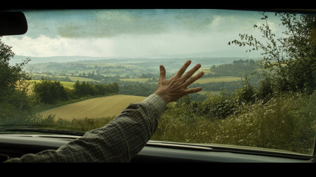 A man waving goodbye with his hand out the car window, with a scenic rural landscape passing byの素材