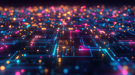 A network of digital blocks interconnected with neon light, representing secure blockchain transactionsの素材