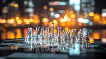 A glass chessboard set on a modern table, with blurred city lights in the background creating a sophisticated atmosphereの素材