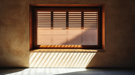 A large window with a wooden visor, the shadows stretching across the wall as the sun risesの素材
