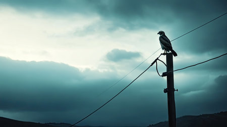 A hawk perched confidently on a high voltage power line, surveying the terrain belowの素材