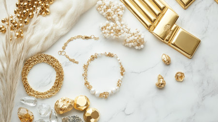 A luxurious flat lay featuring gold jewelry, gold bars, and gemstones on a white marble surfaceの素材