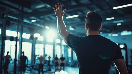 A man in athletic gear waving goodbye to a group of friends after a workout session in the gymの素材