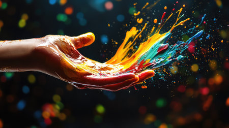 A hand throwing liquid paint in bold colors, with droplets flying dramatically through the airの素材