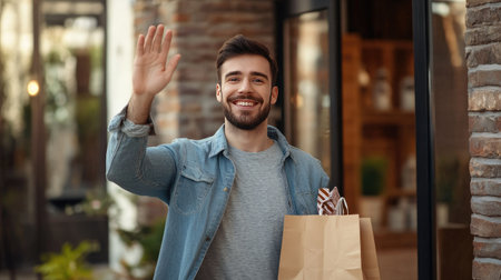 A man giving a cheerful wave goodbye as he leaves a housewarming party, holding a gift bagの素材