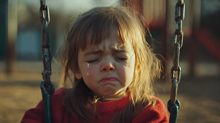 A little girl crying on a swing in a playground, her tears glistening in the sunlightの素材