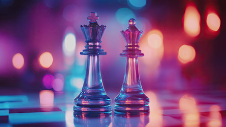 A king and queen glass chess piece in focus, with the rest of the pieces blurred in the background for a dynamic compositionの素材