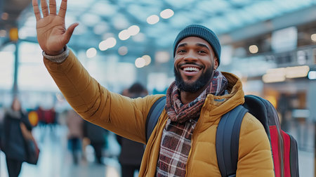 A man in casual clothing waving goodbye to a loved one at the airport, with a friendly and emotional expressionの素材