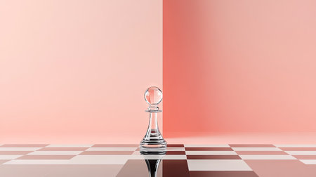 A minimalist composition featuring a lone glass queen on an empty chessboard, symbolizing power and strategyの素材
