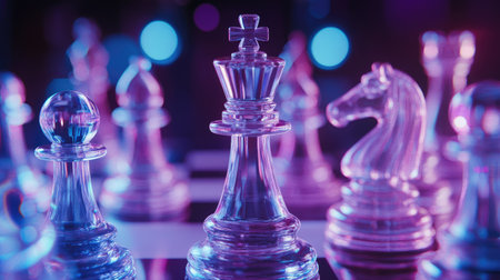 A king and queen glass chess piece in focus, with the rest of the pieces blurred in the background for a dynamic compositionの素材