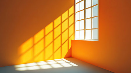 A minimalist window with a modern visor, creating sharp, geometric shadows on the wall as sunlight streams inの素材