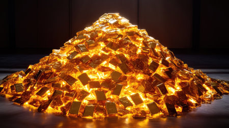 A mountain of gold bars glowing brightly in a dark room, evoking a sense of wealth and luxuryの素材