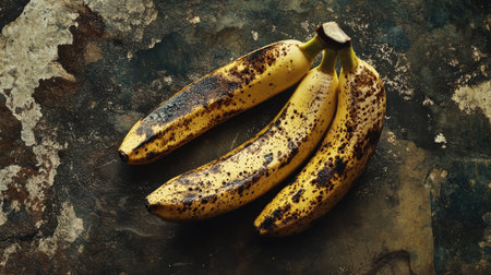 A peeled overripe banana with dark spots on the fruit, showing its soft texture and ripenessの素材