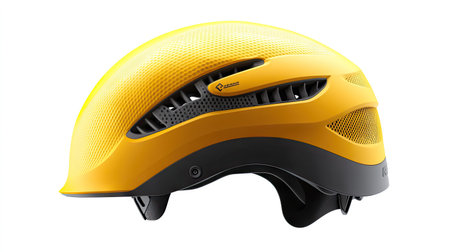 A professional yellow safety helmet, featuring a modern design with ventilation holes, isolated against a white backdropの素材