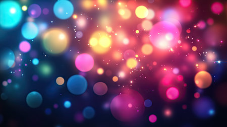 A multi-layered cosmic light effect with circular lens flares, soft bokeh, and streaks in vivid neon colorsの素材