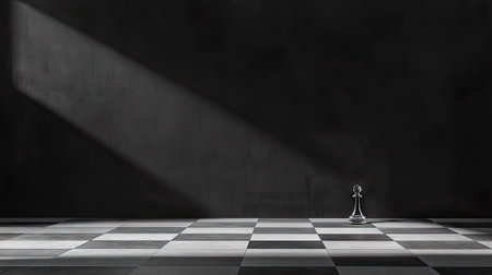 A minimalist composition featuring a lone glass queen on an empty chessboard, symbolizing power and strategyの素材
