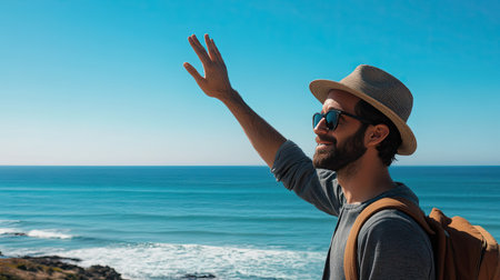 A man with a hat and sunglasses waving goodbye on a beach, with the ocean and a clear sky in the backgroundの素材