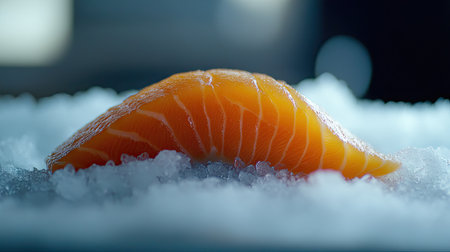 A piece of raw salmon with its bright, orange fillet placed delicately on crushed ice, ready for cooking or servingの素材